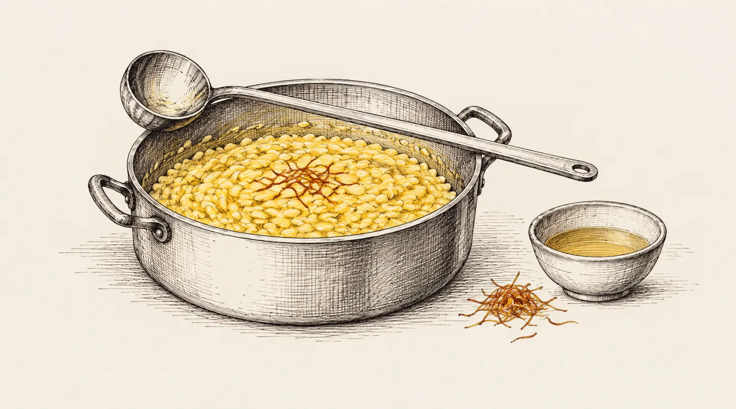 Illustrazione a china: casseruola di risotto giallo con un mestolo appoggiato sul bordo, una ciotola di brodo e pistilli di zafferano