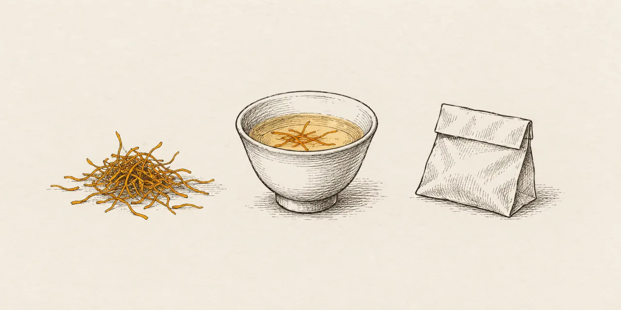 Pistilli di zafferano, una tazza di brodo con i pistilli in infusione e un sacchetto di carta chiuso