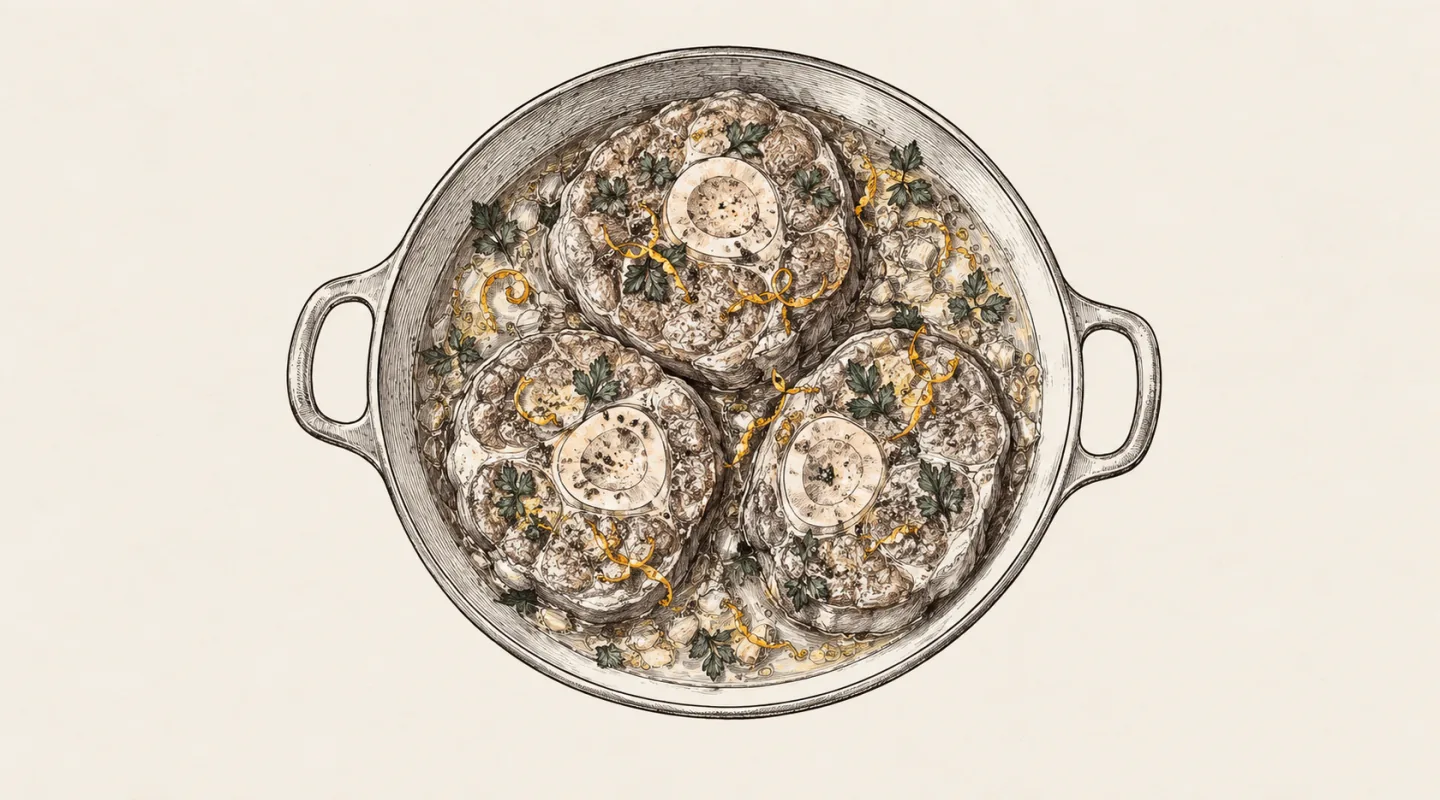 Illustrazione a china: tre fette di ossobuco con l'osso al centro in un tegame, con prezzemolo e scorza di limone