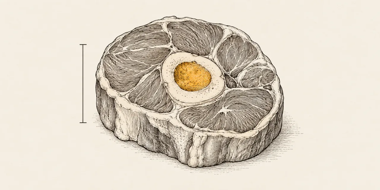 Schema a china di una fetta di ossobuco: l'osso con il midollo al centro, i fasci muscolari intorno e una barra che ne indica lo spessore