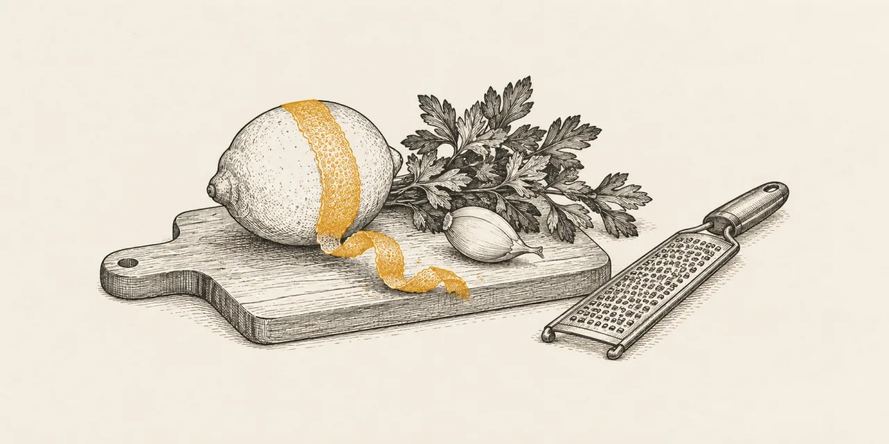 Limone con una striscia di scorza, prezzemolo e uno spicchio d'aglio su un tagliere, accanto a una grattugia