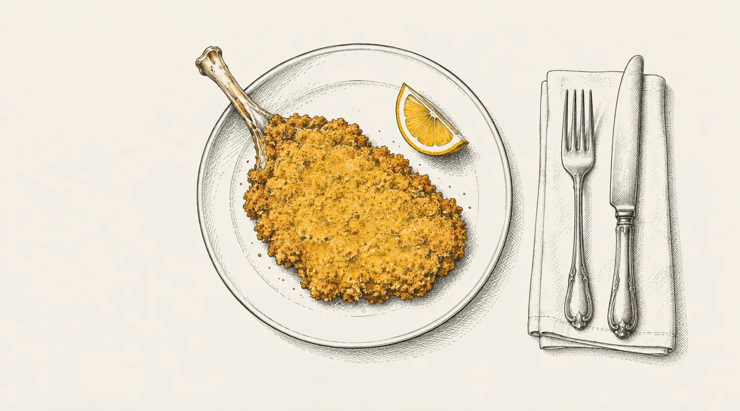 Illustrazione a china: costoletta impanata con l'osso su un piatto, uno spicchio di limone, forchetta e coltello su un tovagliolo