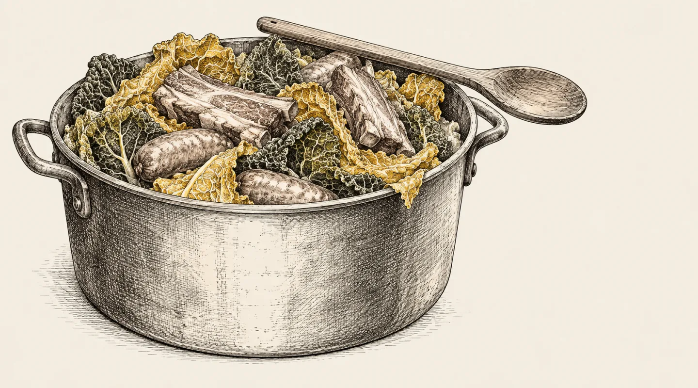 Illustrazione a china: pentola colma di foglie di verza, costine e salamini, con un cucchiaio di legno sul bordo