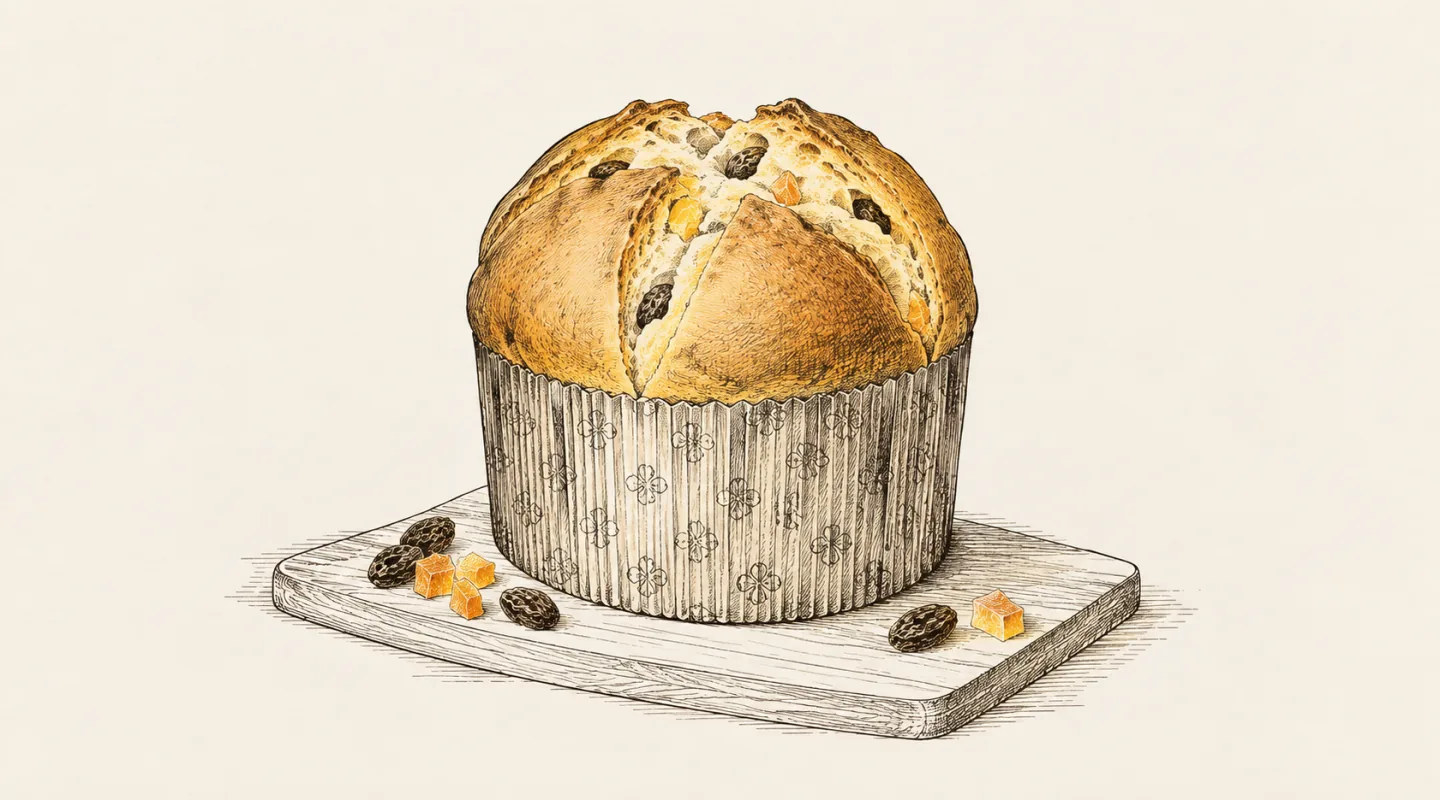 Illustrazione a china: panettone a cupola con il taglio a croce, nel pirottino di carta su un tagliere, con uvetta e canditi