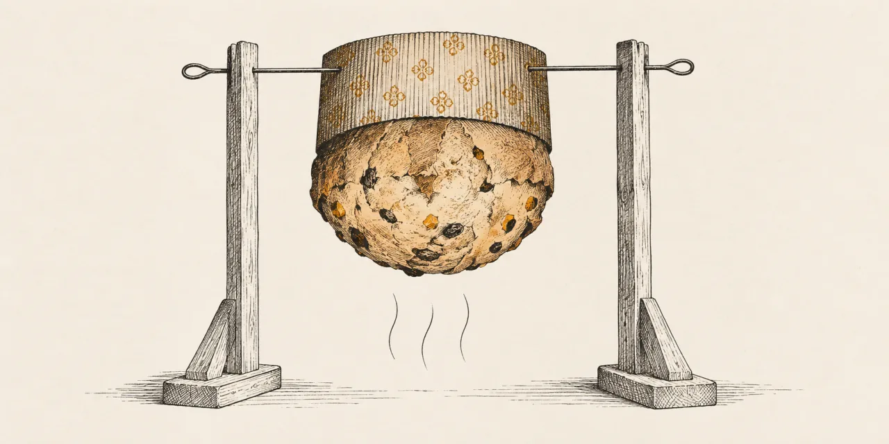 Panettone appena sfornato, infilzato con due ferri e appeso capovolto tra due supporti a raffreddare