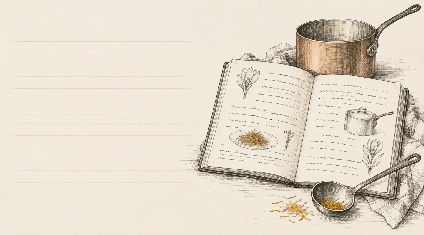 Illustrazione a china: un quaderno di ricette aperto, una casseruola di rame e un mestolo con pistilli di zafferano